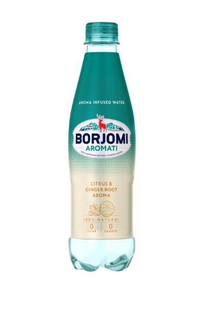 Borjomi Aromati dzirkstošais ūdens ar citrusaugļu un ingvera saknes aromātu, pagatavots no dabīga minerālūdens