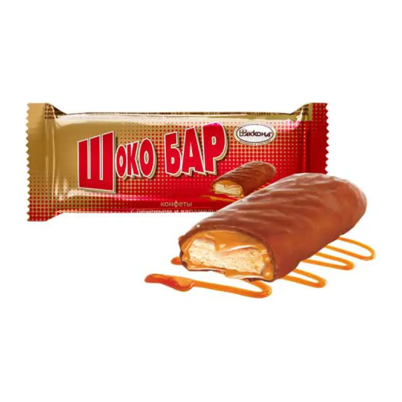 Sveramās konfektes "АККОНД"  "ШОКО БАР" šokolādes glazūrā ar cepumiem un karameli