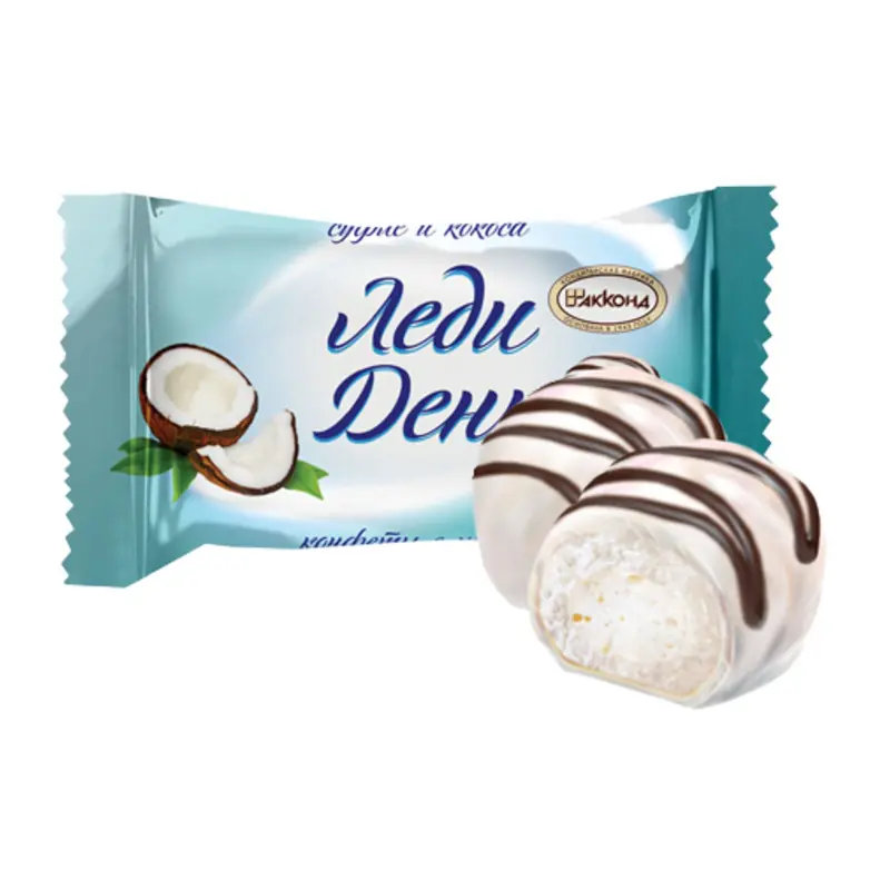 Konfektes sveramās baltās šokolādes glazūrā "АККОНД" "Леди День" ar kokosriekstu