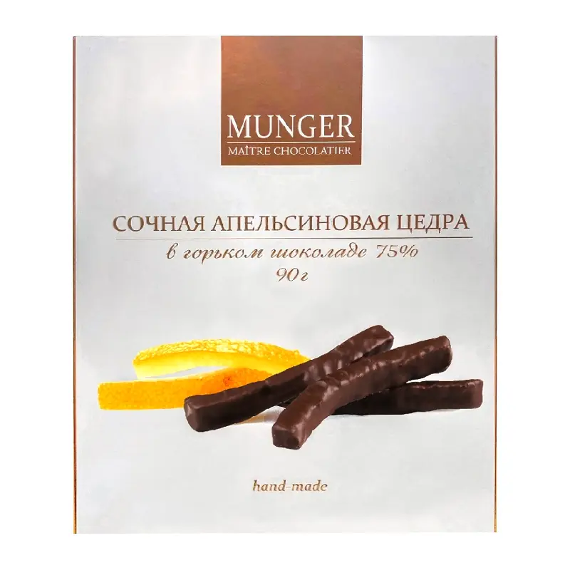 MUNGER Maitre Chocolatier sukādes apelsīnu miziņas tumšajā šokolādē