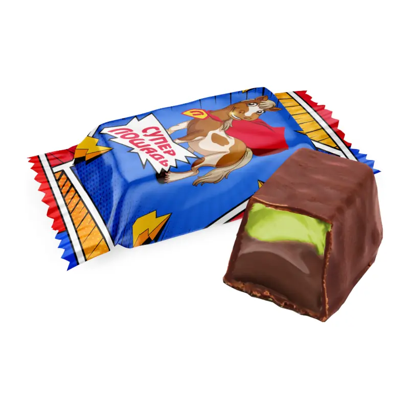 "Saldā dzīve" glazētās konfektes "Super zirgs" maigs divslāņu fudžs ar tiramisu un pistāciju garšu