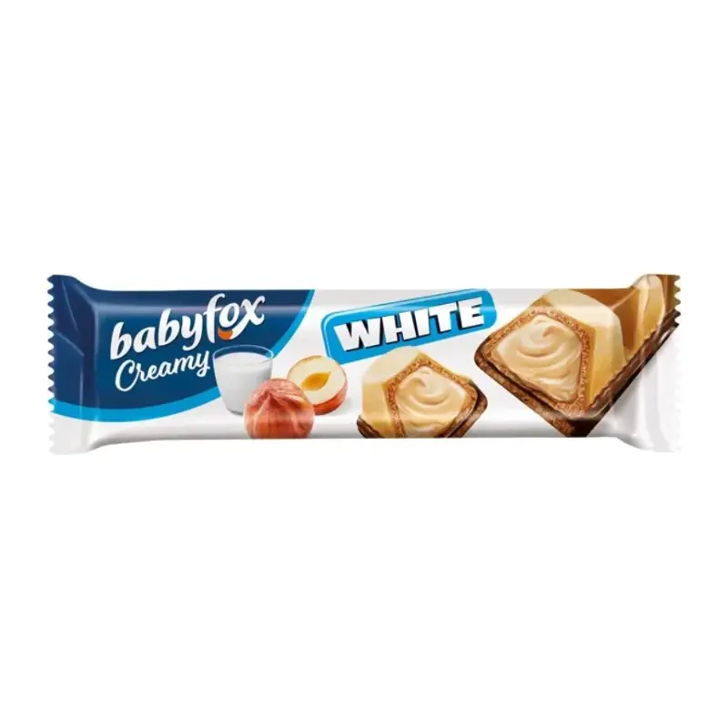 "BabyFox" vafeļu batoniņš "Creamy White" ar piena un riekstu pildījumu