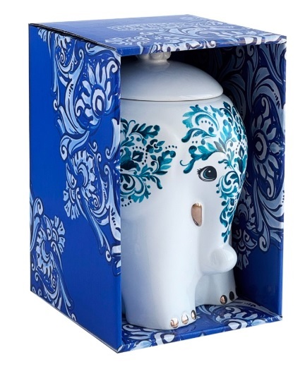 Чайница керамическая - Слон, синяя акварель